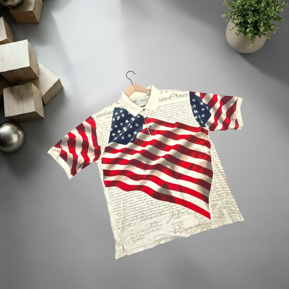 American Summer Vintage 90s USA‎ Flag Declaration of Independence Polo Shirt XL